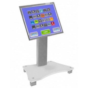 Напольный стенд, высота 900 мм, расположение дисплея горизонтальное и портретное, угол поворота кронштейна 0°- 45°, вид опроры - заглушка / колесики; отверстия под провода, цвет основания - черный, белый; цвет металла - черный муар, матовое серебро ANTALL